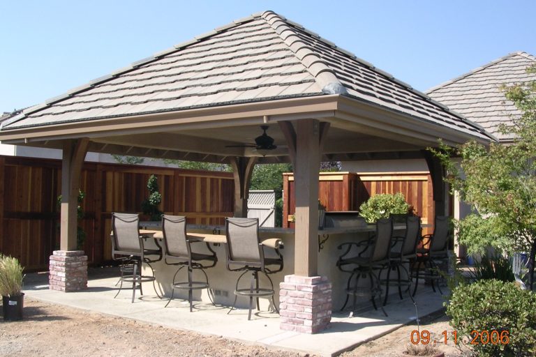 20x20 tile roof pavilion with outdoor kitchen