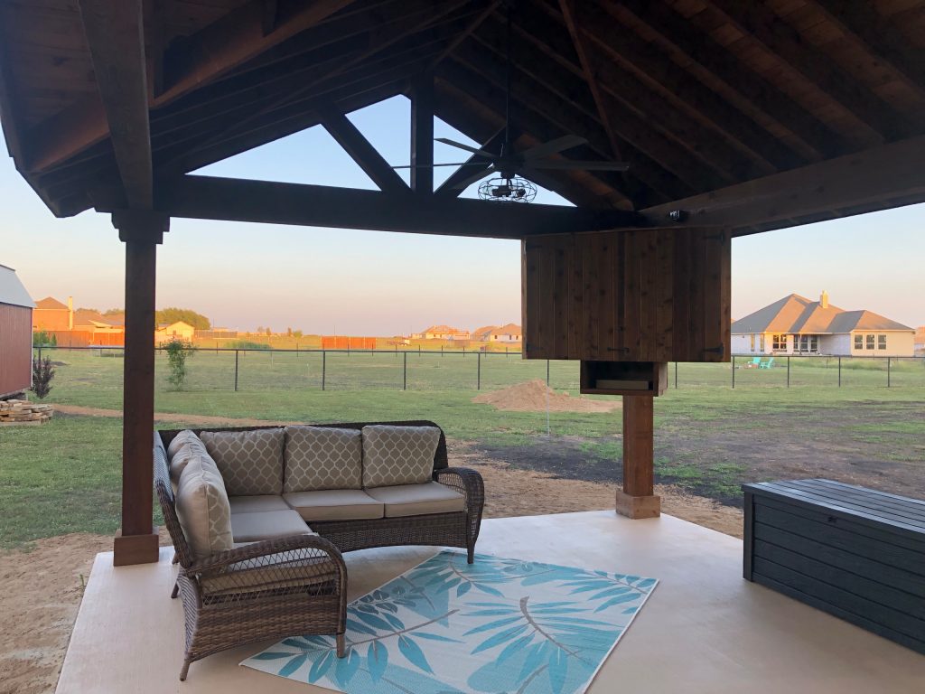 26X16 A-Frame Cedar Arbor with TV box, open stone outdoor kitchen
