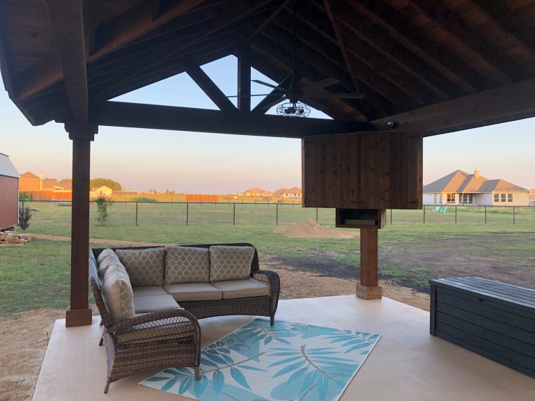 26X16 A-Frame Cedar Arbor with TV box, open stone outdoor kitchen