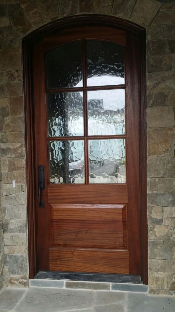 42" Wide Single Segment Arch Sapele Door, Clear Flemish Glass With Baldwin New Hampshire Hardware.