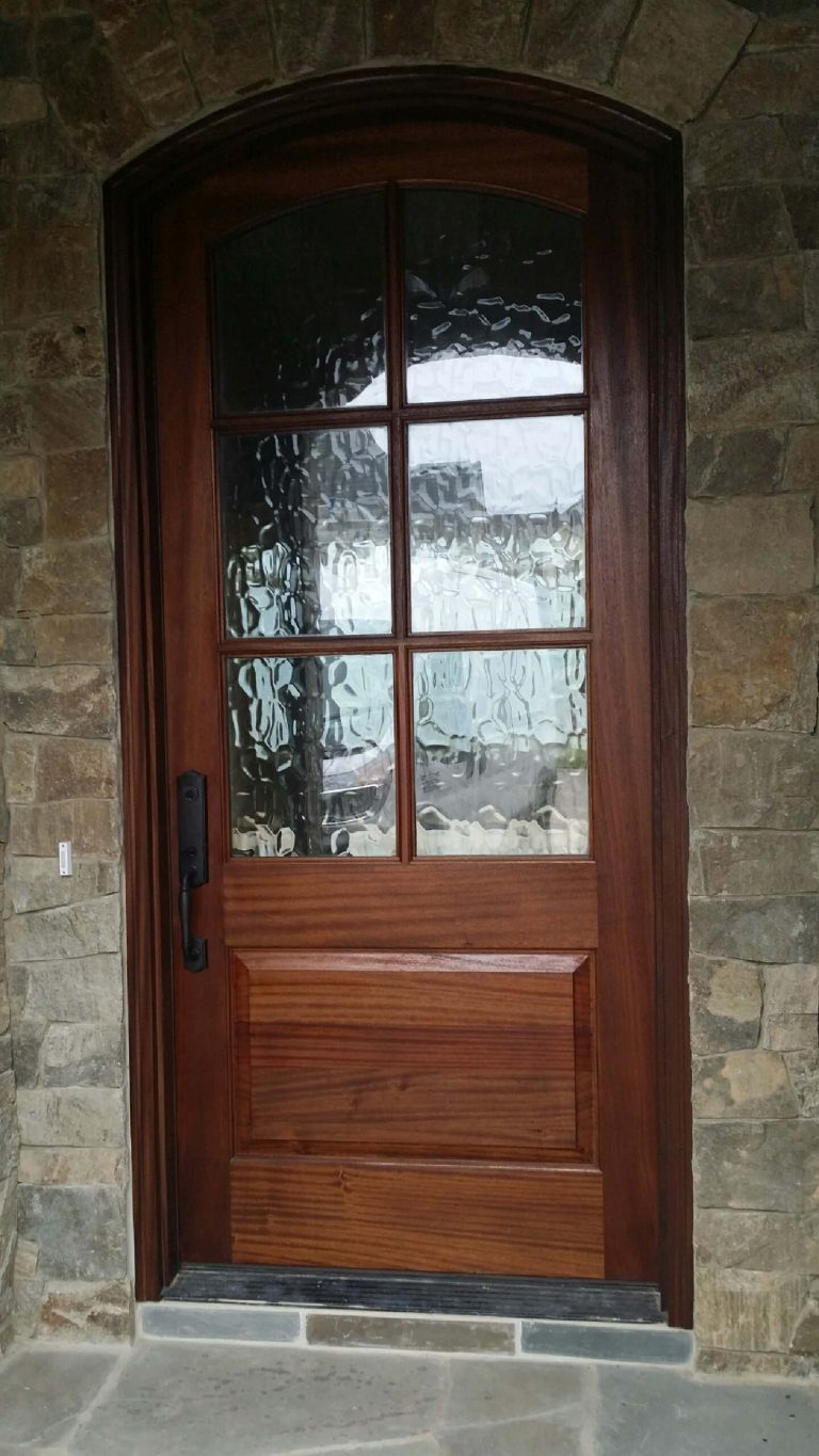 42" Wide Single Segment Arch Sapele Door, Clear Flemish Glass With Baldwin New Hampshire Hardware.