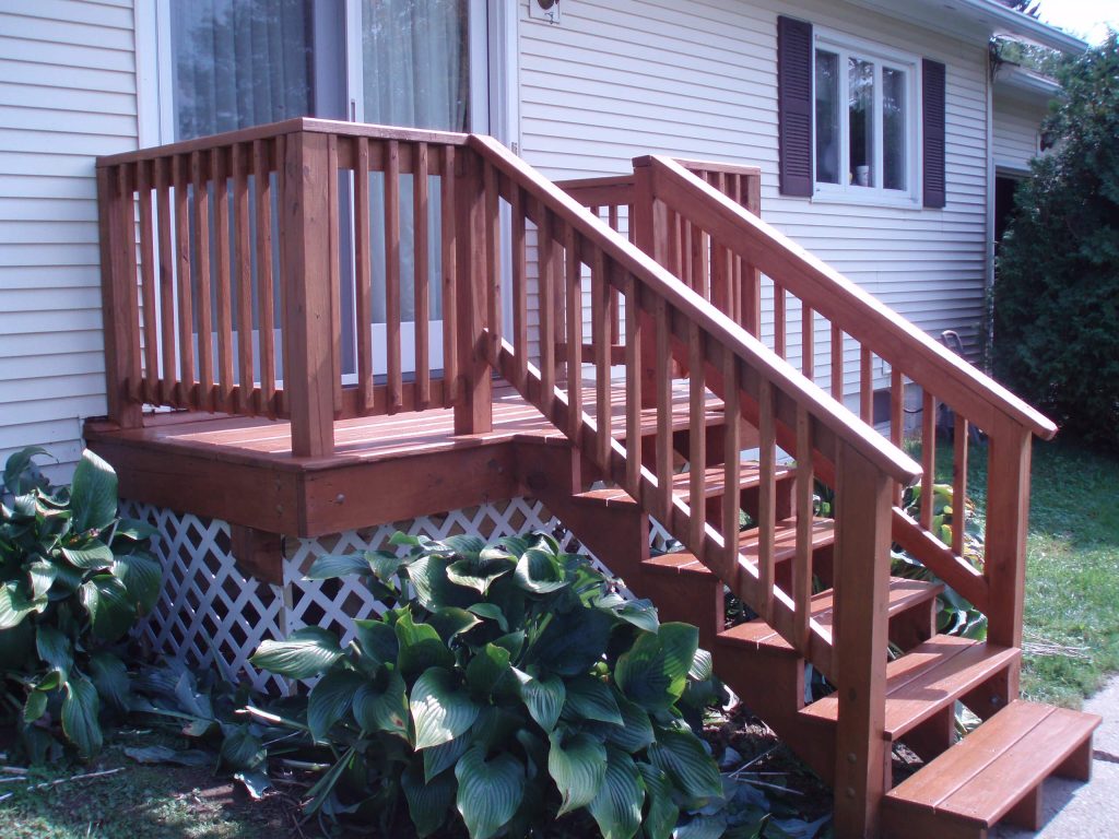 5 x 8 pressure treated deck with 3 coats of the Cabot brand Stain