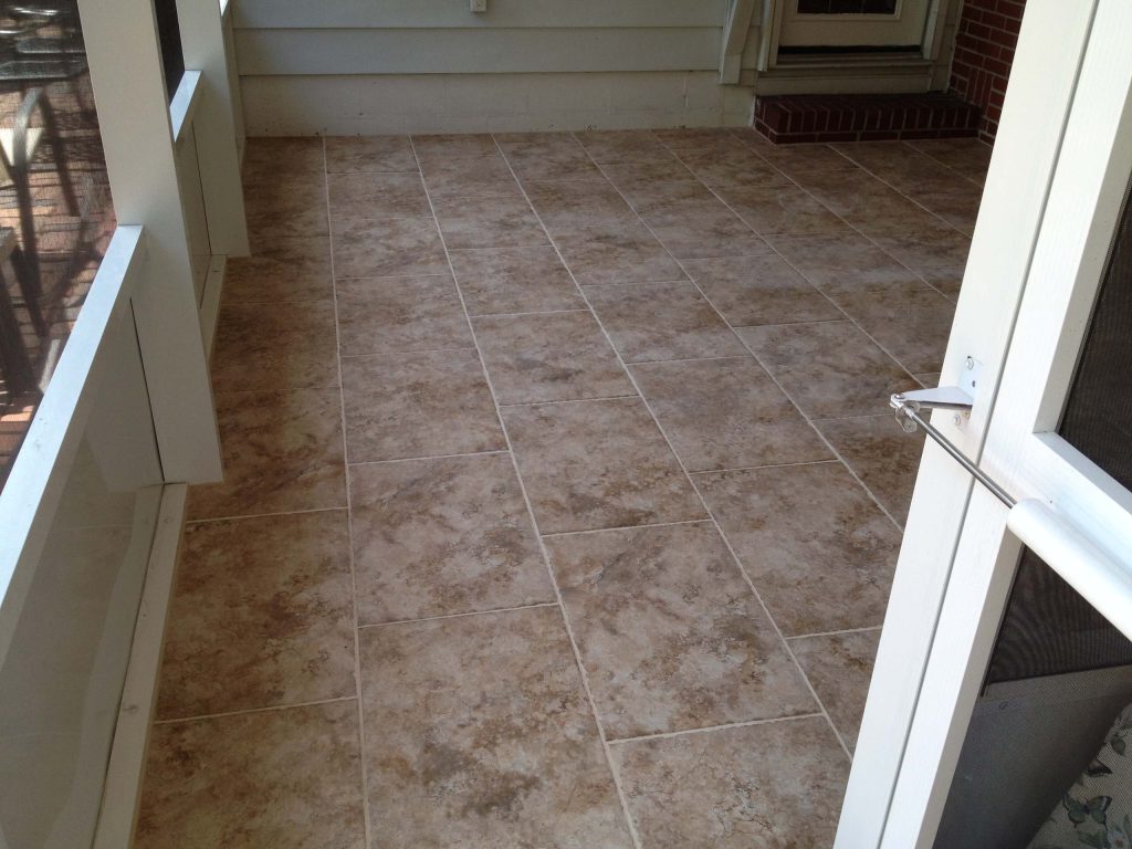 A back porch install. Baldocer Porcelanico in Sintra Stone, 16" x 24", 1/3rd offset. Set with Laticrete 254 platinum, grouted with Permacolor in Mushroom. by Gary Kight | Outdoor Photos | Porch | Landscaping | Landscape Design | Outdoor Living Space | Porch Design Ideas | Outdoor Living Space Ideas | Backyard Design