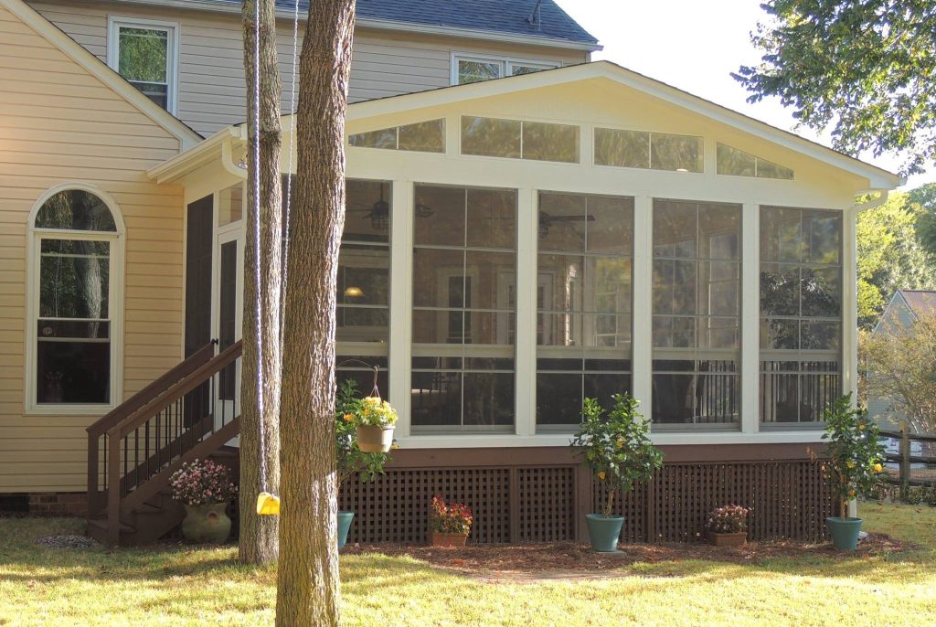 A beautiful example of our EzeBreeze porch spaces with a gable roof, 6" premium columns, heavy duty lattice work and a full electrical package. The "Cadillac" of screen rooms! by Exterior Additions LLC | Outdoor Photos | Porch | Landscaping | Landscape Design | Outdoor Living Space | Porch Design Ideas | Outdoor Living Space Ideas | Backyard Design