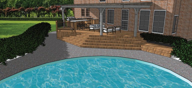 A colored render of a small above ground pool deck with furniture and grill.