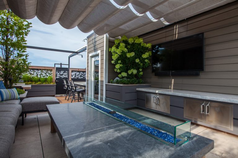 A good look the small space. Kitchen, dining and living room. Complete with our privacy custom powder coated metal panels. a large outdoor TV, and movable shade element. Photos by: Tyrone Mitchell