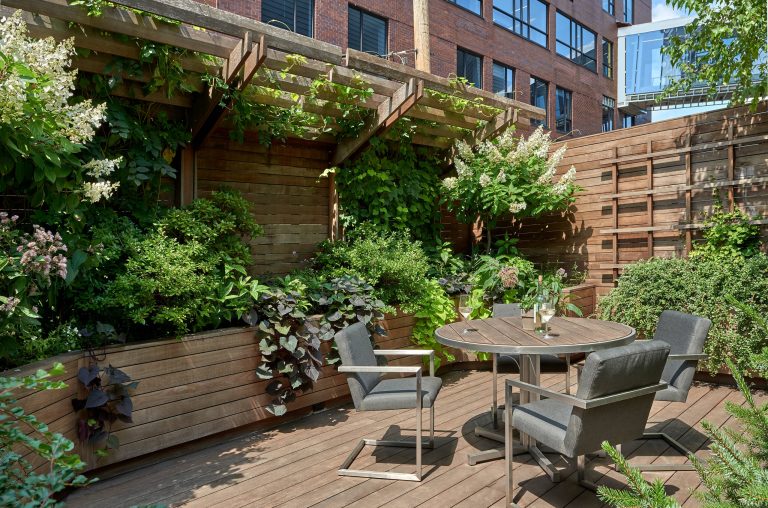 A lush garden in the city provides privacy while the plants provide excitement.