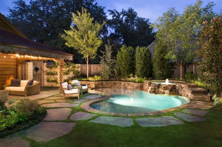 A natural pool setting creates a oasis in the midst of a busy neighborhood.