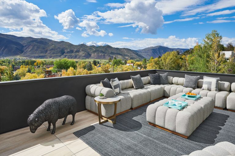 An outdoor lounge overlooking downtown Basalt and Mount Sopris.