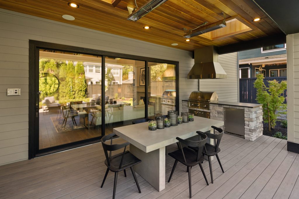 Backyard covered deck with bbq station.