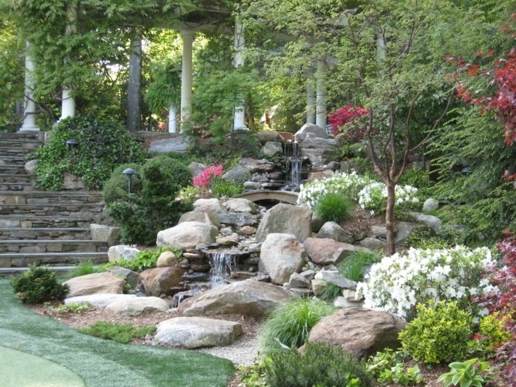 Backyard waterfall in Connecticut by Matthew Giampietro of Waterfalls Fountains & Gardens Inc.