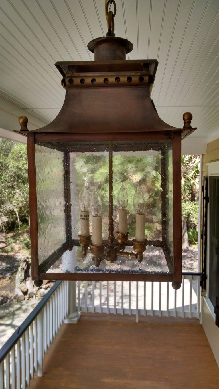 Battery Park Hanging Lantern product H3585G in antique copper with optional seedy glass and 4 lights. Size: 14"W x 24-3/4"H. Price 1,266.00