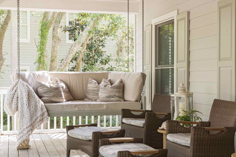 Beach style porch idea in Charleston with decking by Margaret Donaldson Interiors | Outdoor Photos | Porch | Landscaping | Landscape Design | Outdoor Living Space | Porch Design Ideas | Outdoor Living Space Ideas | Backyard Design
