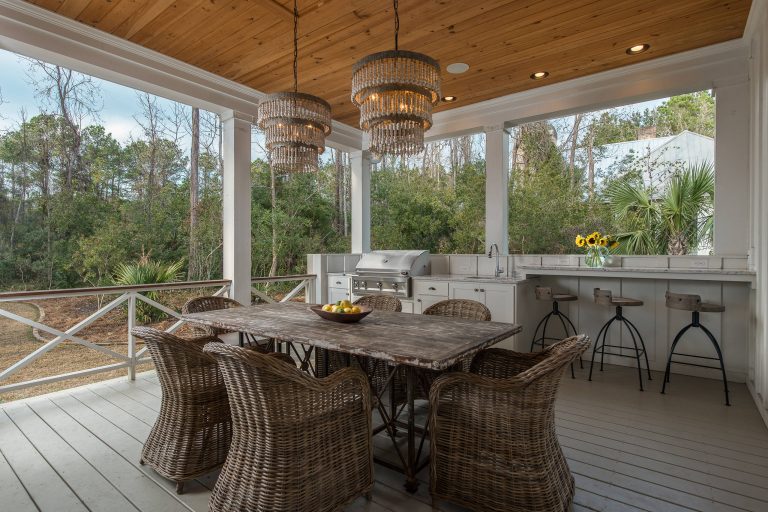 Beach style porch idea in Charleston with decking and a roof extension by Drew Castelhano | Outdoor Photos | Porch | Landscaping | Landscape Design | Outdoor Living Space | Porch Design Ideas | Outdoor Living Space Ideas | Backyard Design