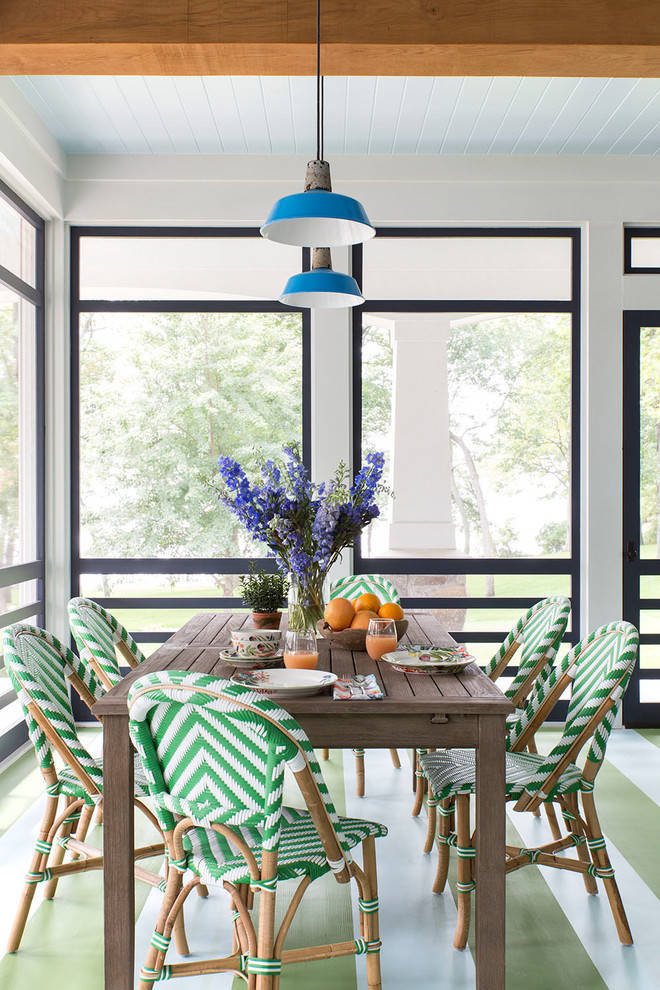 Beach style screened-in porch idea in Chicago with a roof extension by Summer Thornton Design, Inc | Outdoor Photos | Porch | Landscaping | Landscape Design | Outdoor Living Space | Porch Design Ideas | Outdoor Living Space Ideas | Backyard Design