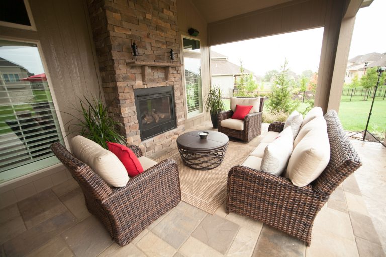 Belgard Weston Wall & Firepit, Stamped Concrete, Outdoor Kitchen, Stone Veneer Fireplace, Outdoor Room.