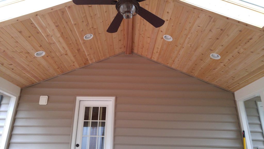 Cedar ceiling with recessed lights and ceiling fan, photos by William Zinnert