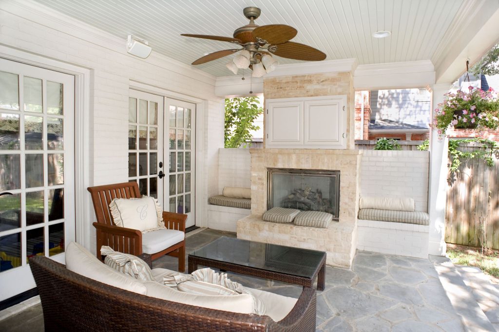 Classic porch idea in Dallas with a fire pit by Durrett Homes | Outdoor Photos | Porch | Landscaping | Landscape Design | Outdoor Living Space | Porch Design Ideas | Outdoor Living Space Ideas | Backyard Design