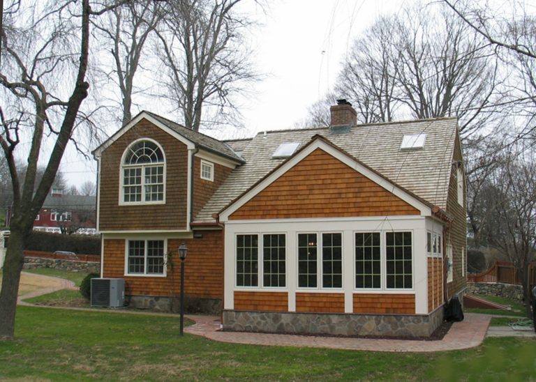 Close up of the Screened Porch addition to historic 1738 home in Bedford, New York.