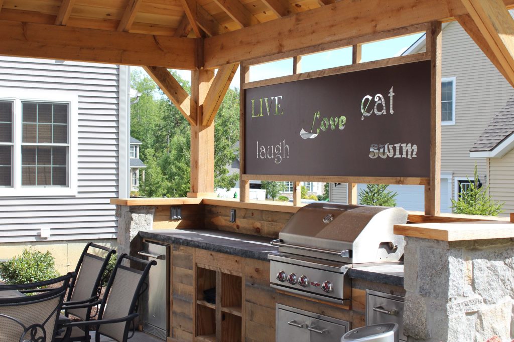 Counter tops poured concrete, hemlock siding , granite stone veneer, custom metal screen
