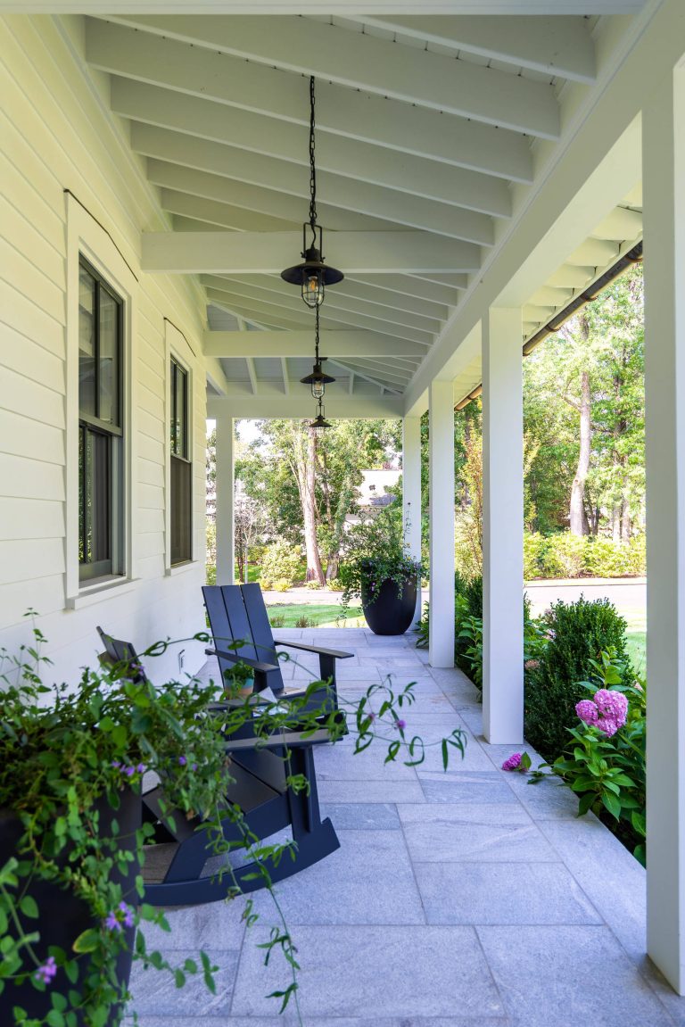 Country tile porch idea in New York with a roof extension by Alisberg Parker | Outdoor Photos | Porch | Landscaping | Landscape Design | Outdoor Living Space | Porch Design Ideas | Outdoor Living Space Ideas | Backyard Design