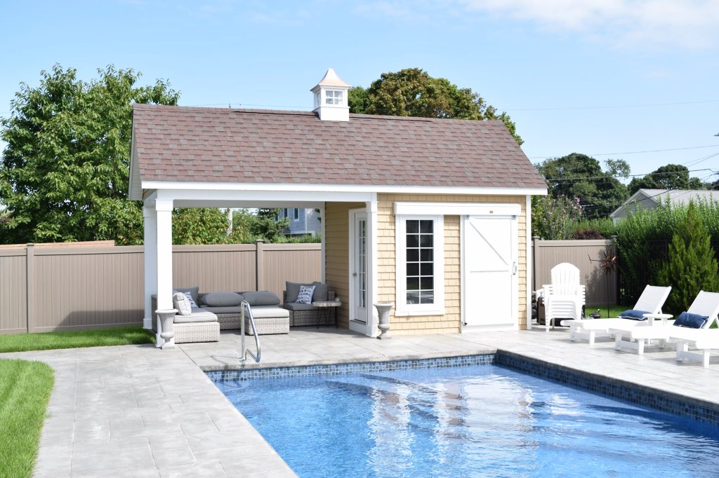 Custom A frame pool house with a french door, large window, and square posts!