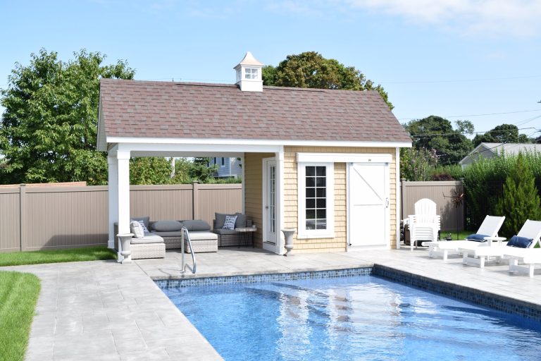 Custom A frame pool house with a french door, large window, and square posts!