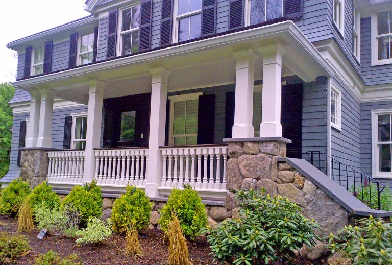 Custom turned Cedar Porch Spindles, and our standard 6" class 4-piece Porch Rail System on this beautiful Massachusetts home.