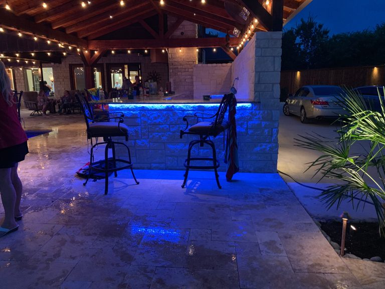Dallas Landscape Lighting took this outdoor entertaining space to the next level with string lighting (party lights), under counter LED lighting, fence lighting & more! Free estimates 214-202-7474