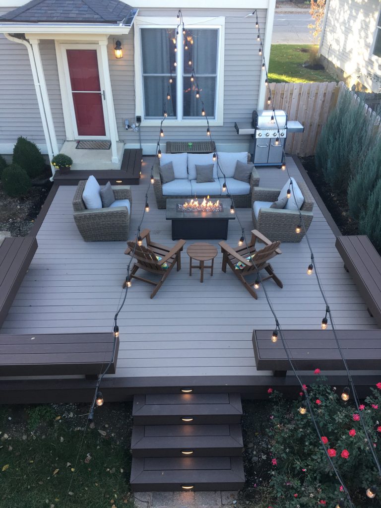 Decking - TimberTech Pro Terrain Series (Sandy Birch & Rustic Elm) Lighting - TimberTech Low Voltage LED Step Lighting