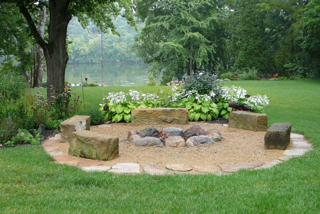 Design ideas for a traditional shade backyard gravel landscaping in Columbus with a fire pit for summer.