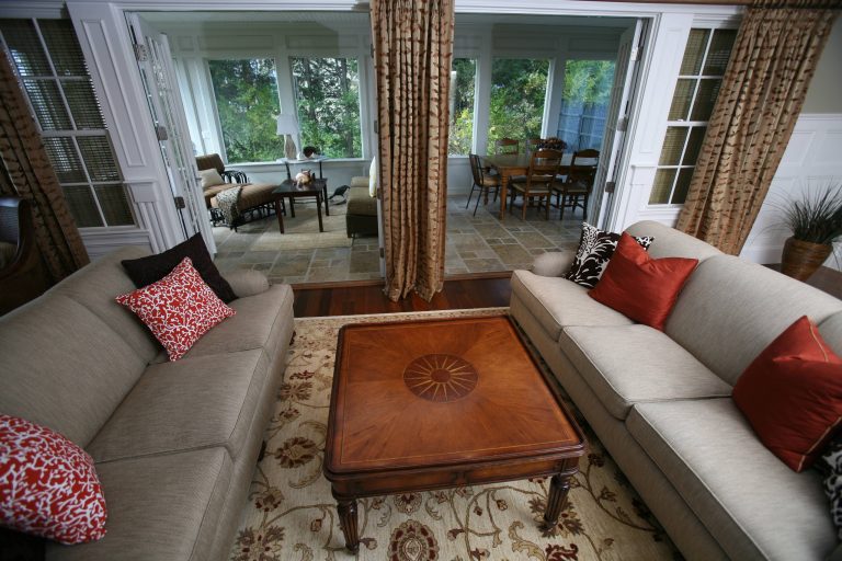 Double French doors open up for easy entertaining.