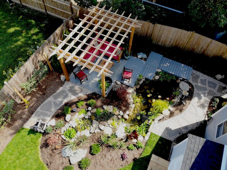 Drone technology shows the backyard after construction and installation was complete.