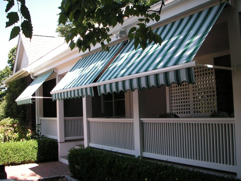Drop arm awnings for a porch, fully retractable!