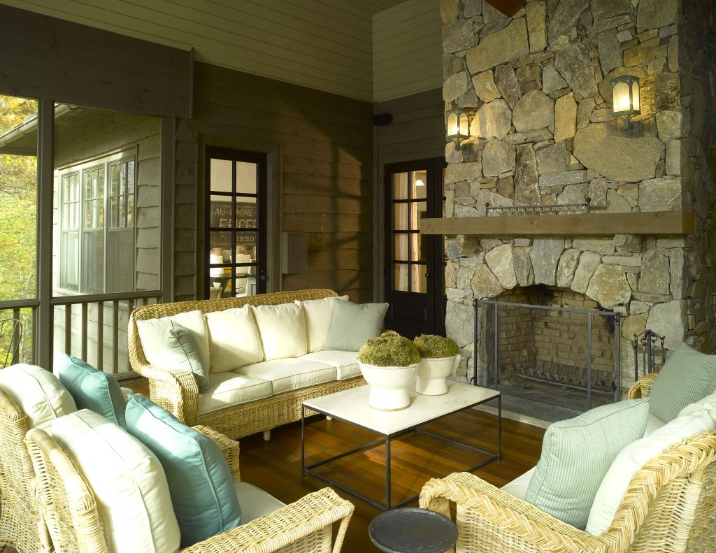 Elegant porch photo in Atlanta with a fire pit, decking and a roof extension by Summerour Architects | Outdoor Photos | Porch | Landscaping | Landscape Design | Outdoor Living Space | Porch Design Ideas | Outdoor Living Space Ideas | Backyard Design