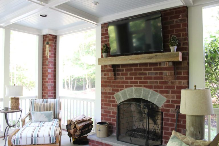 Elegant screened-in porch photo in Charlotte with a roof extension by TG&R Landscape Group | Outdoor Photos | Porch | Landscaping | Landscape Design | Outdoor Living Space | Porch Design Ideas | Outdoor Living Space Ideas | Backyard Design
