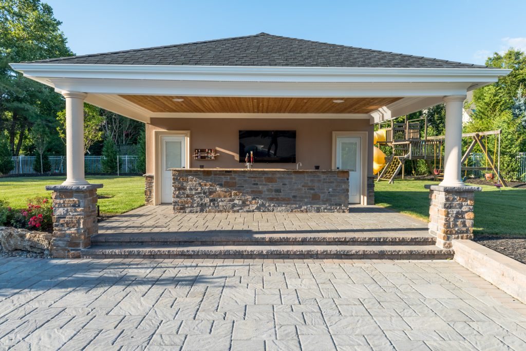 Elite Landscapes & Pavers INC Pool House, Pool Patio, Manalapan NJ, Paver Patio, Outdoor Bar, Cedar, Brick Paver Patio NJ