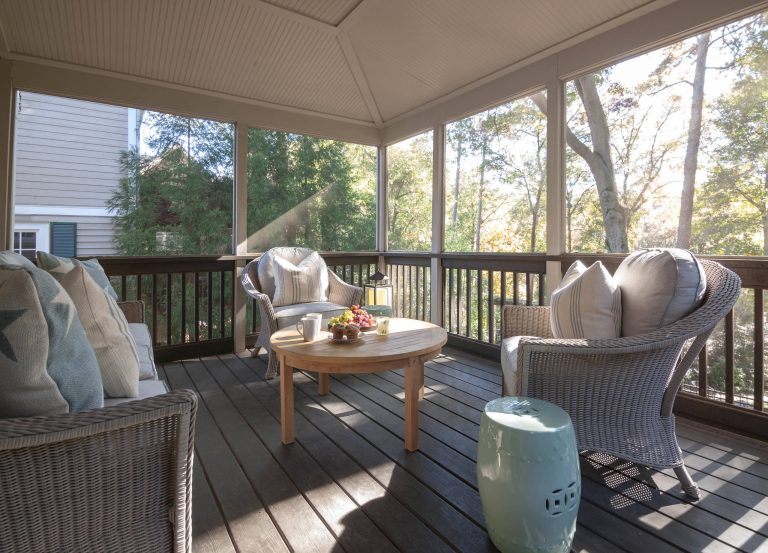 Enclosed southern style screened in porch. Got wicker furniture more traditional in style for this area. Added a new fan. Photo by Tara Carter Photography by Morse Design | Outdoor Photos | Porch | Landscaping | Landscape Design | Outdoor Living Space | Porch Design Ideas | Outdoor Living Space Ideas | Backyard Design