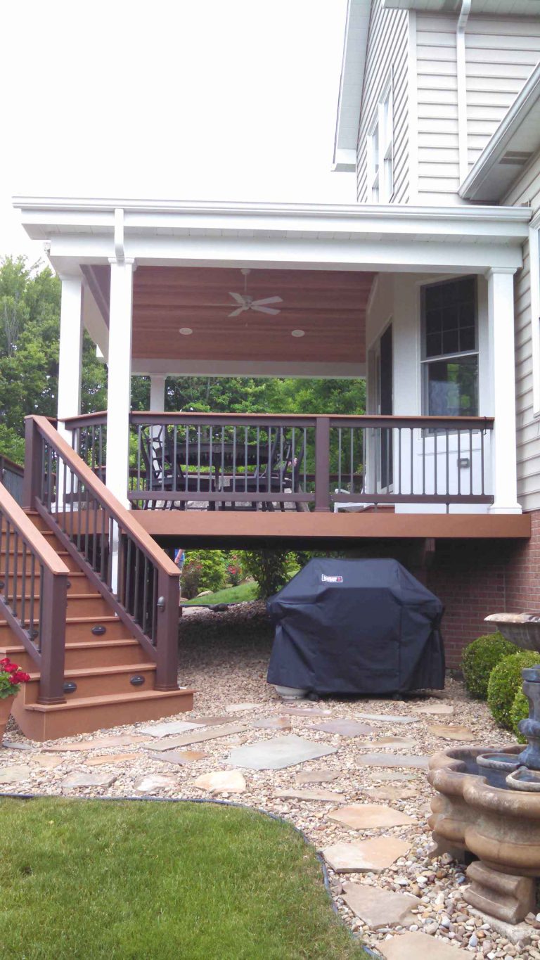 Example of a mid-sized classic backyard deck design in Other with a roof extension