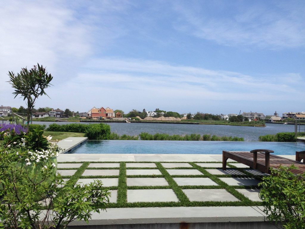 Example of a mid-sized transitional backyard concrete paver and rectangular infinity pool house design in New York