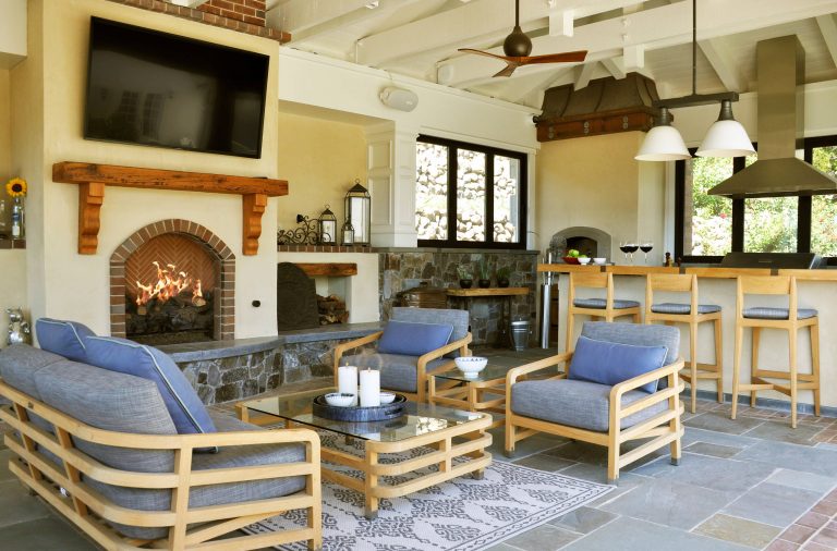 Example of a transitional tile patio kitchen design in San Francisco with a gazebo