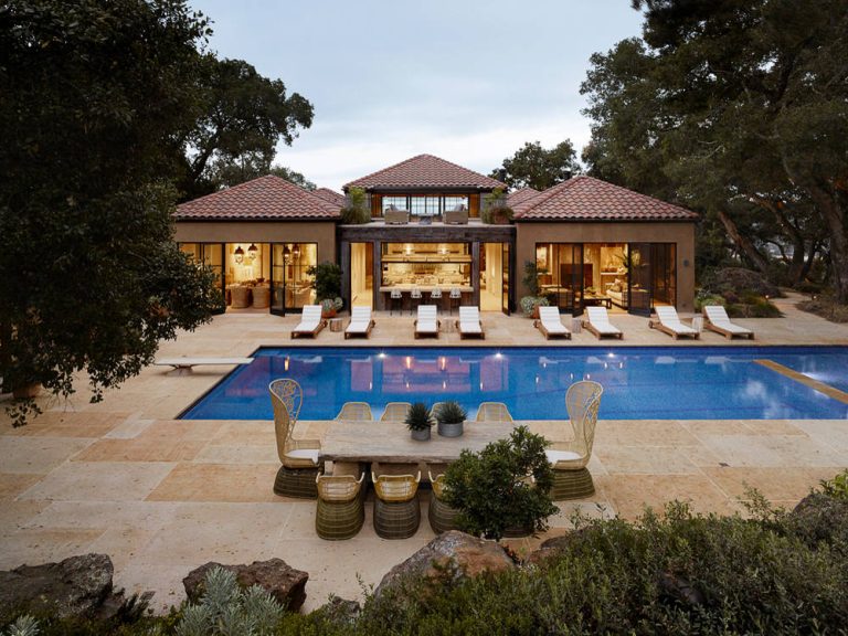 Example of a tuscan backyard rectangular pool design in San Francisco