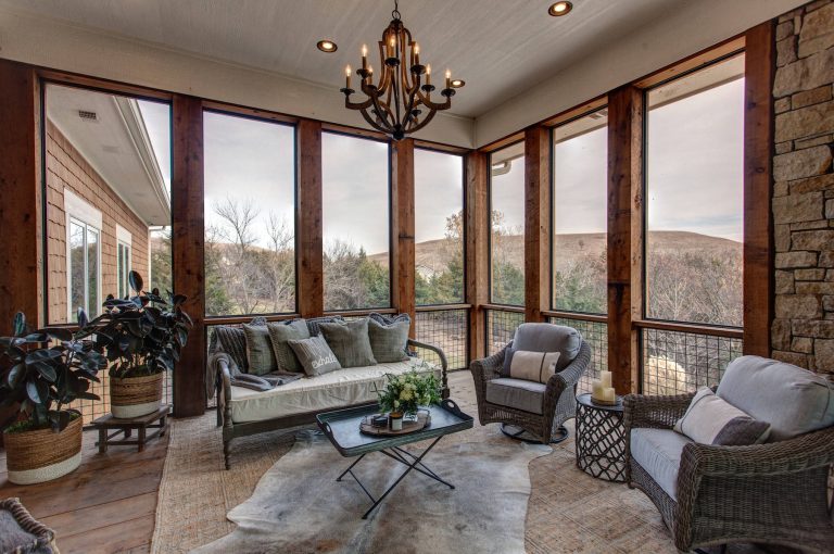 Farmhouse screened-in porch photo in Other with decking and a roof extension by AsterHouse Design, LLC | Outdoor Photos | Porch | Landscaping | Landscape Design | Outdoor Living Space | Porch Design Ideas | Outdoor Living Space Ideas | Backyard Design