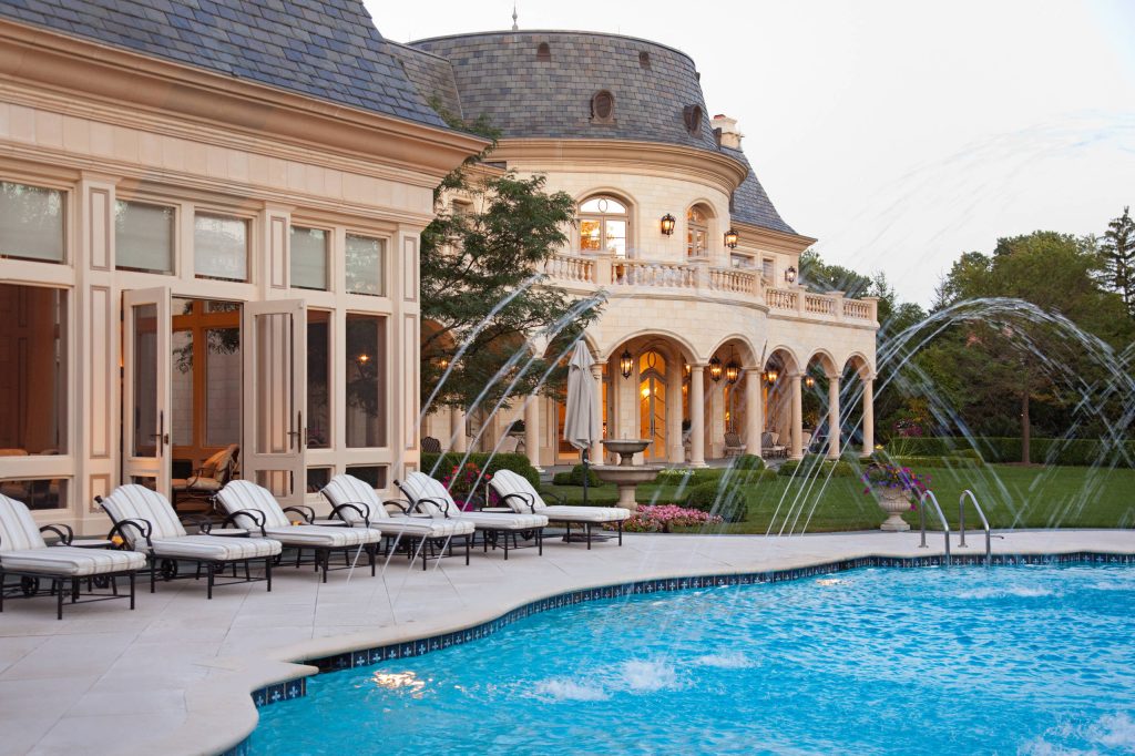 French Chateau with In Ground Swimming Pool and Water Fountain Jets Miller + Miller Architectural Photography
