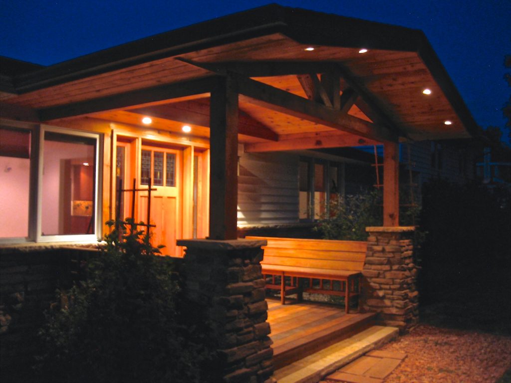 Front porch addition at dusk with recessed low voltage lighting. Three dimmable light zones provide lighting flexibility for the doorway, porch, and walkway. by User | Outdoor Photos | Porch | Landscaping | Landscape Design | Outdoor Living Space | Porch Design Ideas | Outdoor Living Space Ideas | Backyard Design