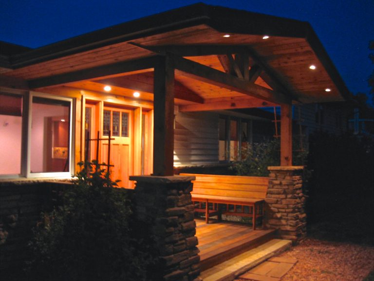 Front porch addition at dusk with recessed low voltage lighting. Three dimmable light zones provide lighting flexibility for the doorway, porch, and walkway. by User | Outdoor Photos | Porch | Landscaping | Landscape Design | Outdoor Living Space | Porch Design Ideas | Outdoor Living Space Ideas | Backyard Design