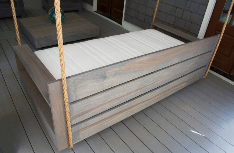 Fully custom swing bed, table and matching chairs. Available to be made in any wood species, sizes or styles you'd like. This bed holds a twin size mattress and is a fully functioning swing! by Modern In Mind | Outdoor Photos | Porch | Landscaping | Landscape Design | Outdoor Living Space | Porch Design Ideas | Outdoor Living Space Ideas | Backyard Design