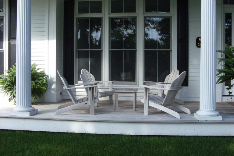 Furniture is Gloster teak....grays naturally and will last a lifetime. Very comfortable and smooth to the touch.