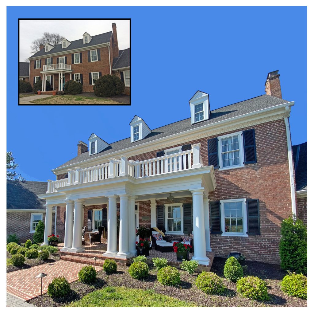 Grand two story entry porch, architecturally correct addition, to an historic circa 1754 Federal Home, providing two level outdoor living spaces for enjoyment of the expansive westward vista. by Keith Hunter Architect / Builder | Outdoor Photos | Porch | Landscaping | Landscape Design | Outdoor Living Space | Porch Design Ideas | Outdoor Living Space Ideas | Backyard Design