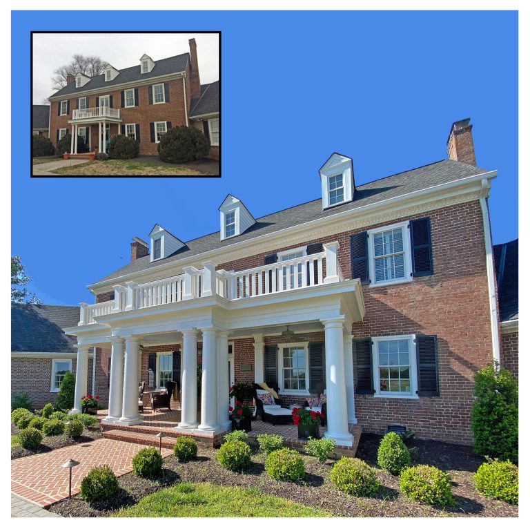 Grand two story entry porch, architecturally correct addition, to an historic circa 1754 Federal Home, providing two level outdoor living spaces for enjoyment of the expansive westward vista. by Keith Hunter Architect / Builder | Outdoor Photos | Porch | Landscaping | Landscape Design | Outdoor Living Space | Porch Design Ideas | Outdoor Living Space Ideas | Backyard Design